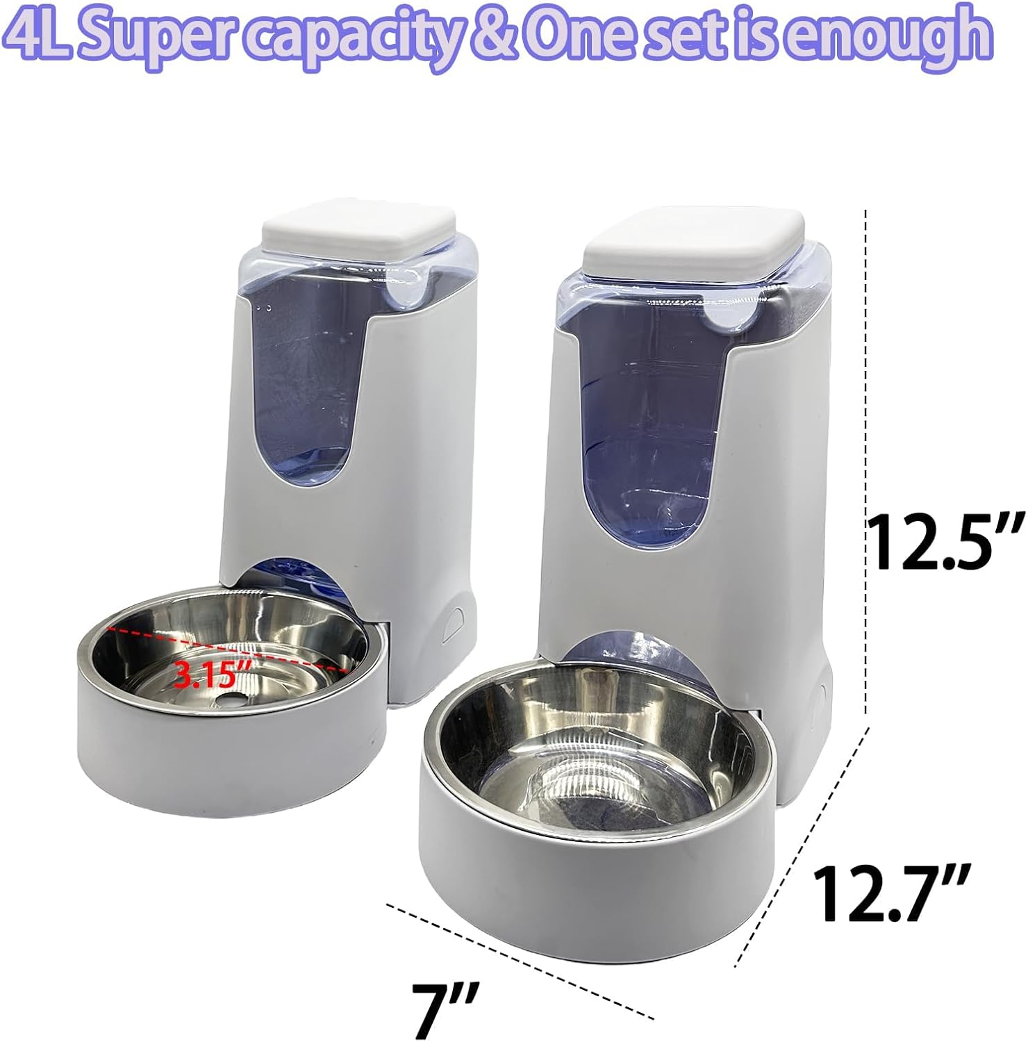 Pets Automatic Gravity Feeder Dogs 2.8L Food & 4L Water Dispenser Set with Stainless Steel Bowl for Small Medium Big Puppy Kitten(Light Gray)