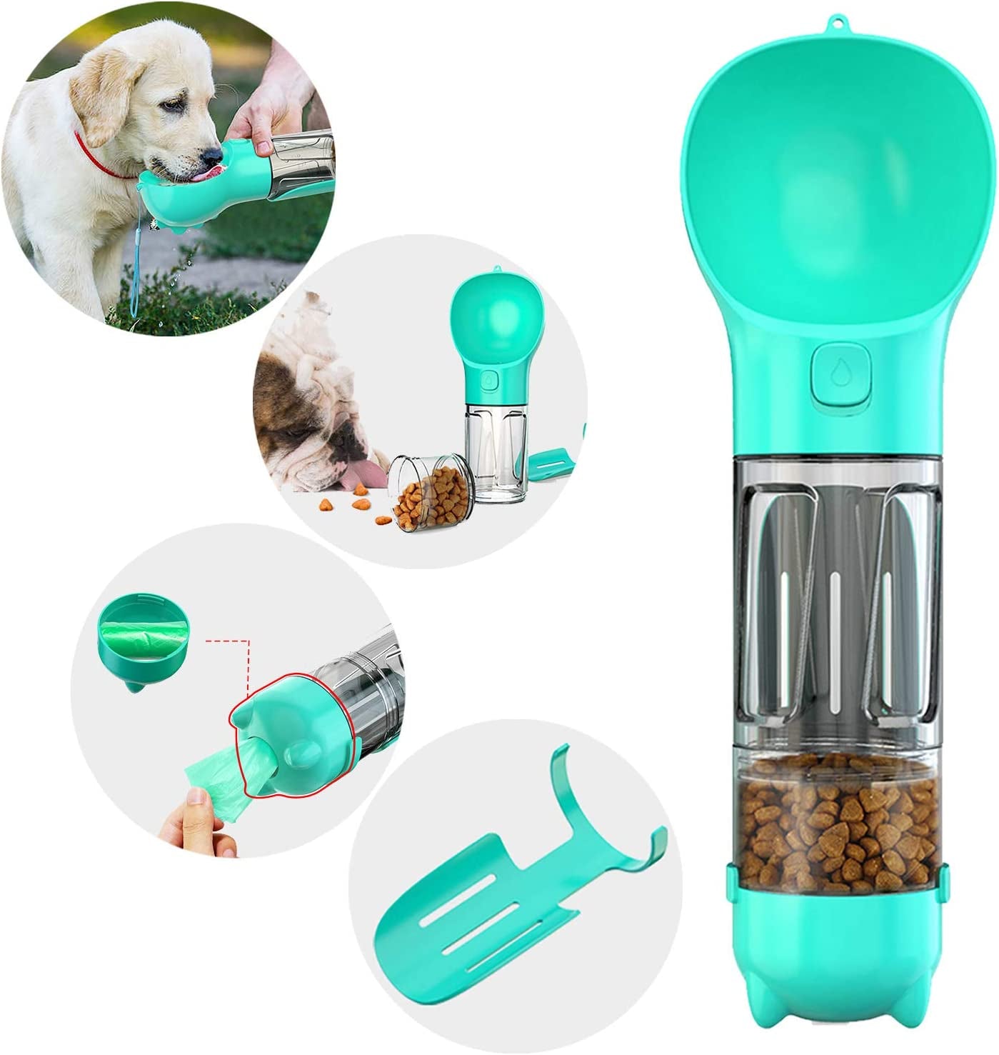 Blueberry 4-In-1 Portable Dog Bowl & Water Bottle - Travel Dog Water Dispenser with Food Box, Garbage Bag Storage & Poop Shovel